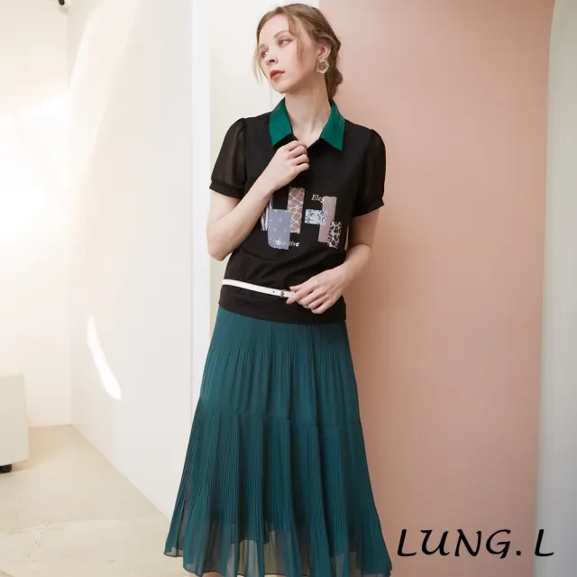 【LUNG.L 林佳樺】LP07A黑色搭配綠色領片短袖女裝上衣(春夏新品)