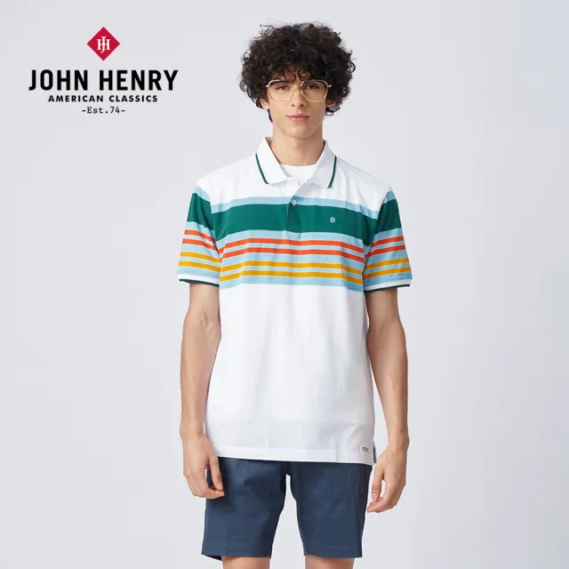 【JOHN HENRY】VINTAGE條紋配色POLO衫-白色