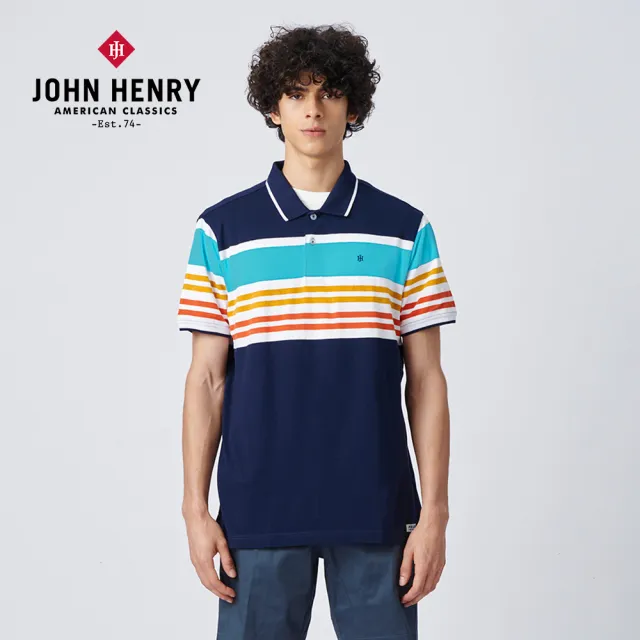 【JOHN HENRY】VINTAGE條紋配色POLO衫-深藍