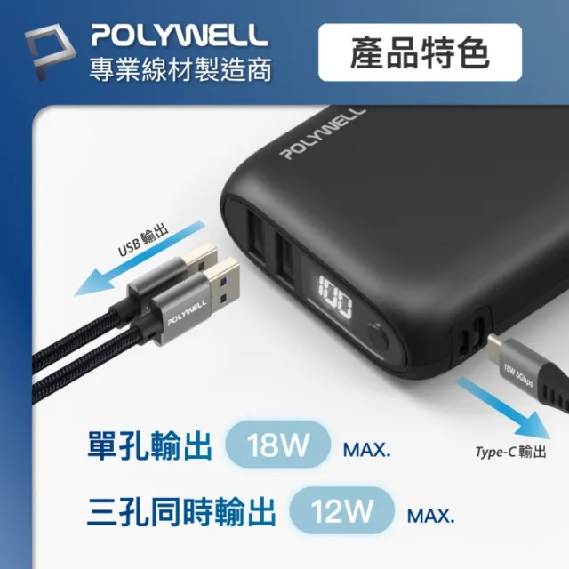 【POLYWELL】WP942P 雙向快充行動電源 10000mAh 18W 3孔輸出(雙USB-A+Type-C)