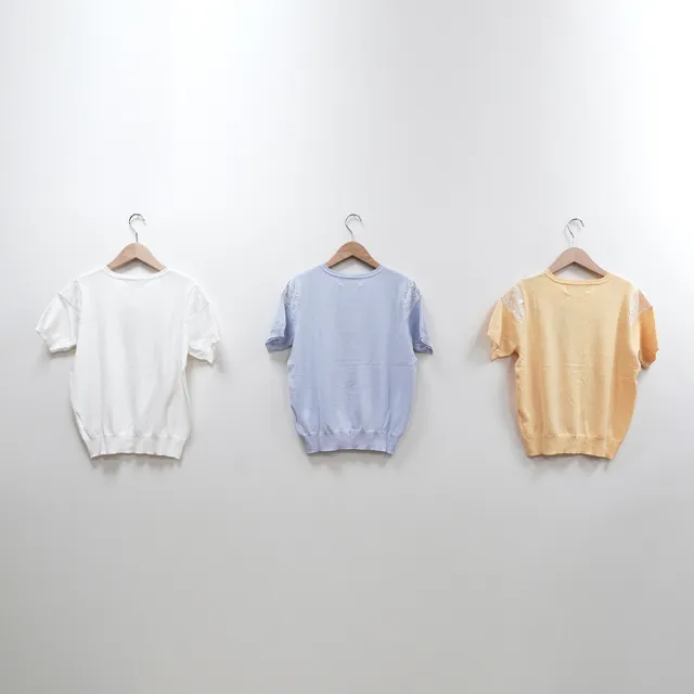 【CUMAR】氣質蕾絲拼接短袖針織上衣(白 紫 黃/魅力商品)