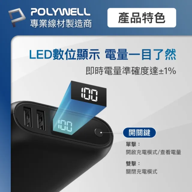 【POLYWELL】WP942P 18W雙向快充行動電源 /1萬毫安+ USB-A To L 極短快充線組