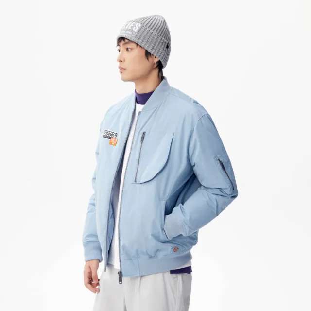 【Dickies】男款淺灰藍胸前與袖臂拉鍊口袋飛行休閒羽絨外套｜DK010919C99