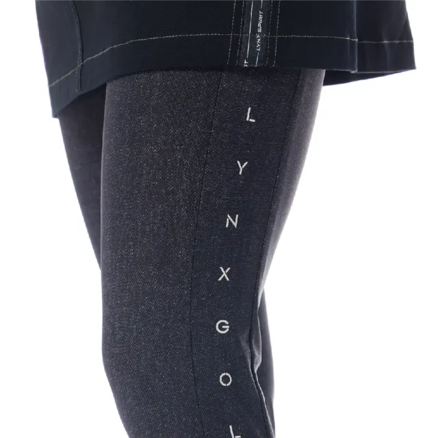 【Lynx Golf】女款日本進口布料彈性舒適丹寧牛仔布反光印花內搭式窄管九分褲(深灰色)