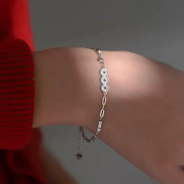 【JC Collection】設計感精緻氣質串珠水鑽銅心錢手鏈(銀色)