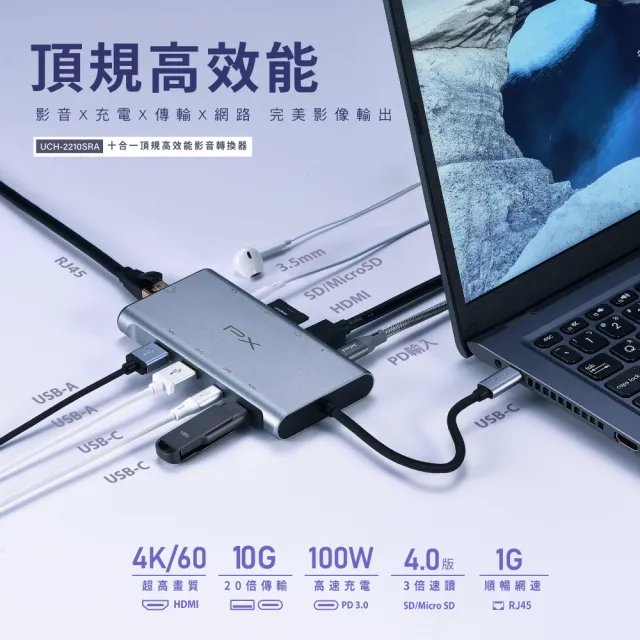 【PX 大通-】最划算2年保固10合1 100W USB Type C HDMI SD卡hub十合一4K網路線Hub集線器mac(UCH-2210SRA)