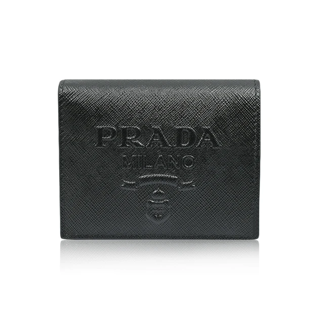 PRADA 普拉達 SAFFIANO 經典浮雕LOGO防刮皮革對開釦式零錢袋皮夾短夾 黑色(1MV204 2D1Q F0002)