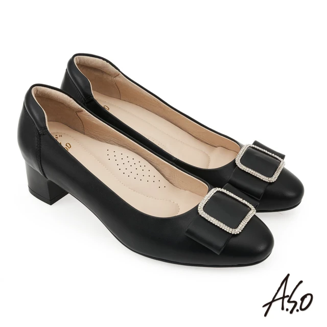A.S.O 阿瘦集團 A.S.O窩心系列低奢鑽飾圓頭低跟鞋(黑色)