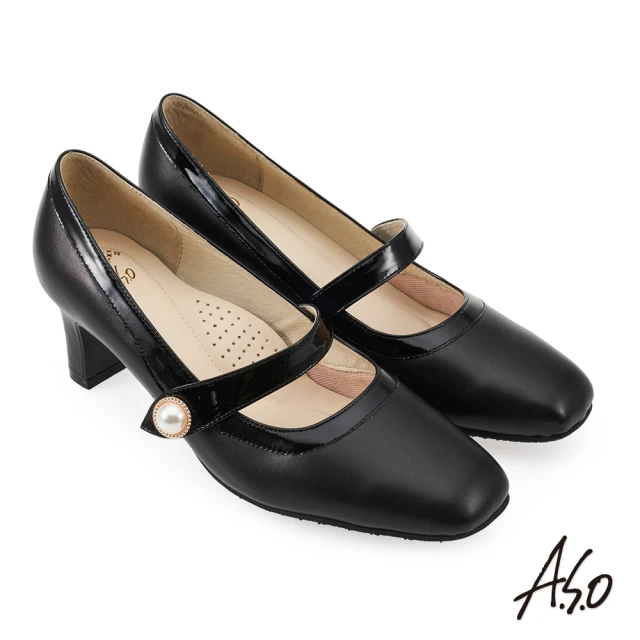 A.S.O 阿瘦集團 A.S.O窩心系列法式拼接優雅珍珠高跟鞋(黑色)