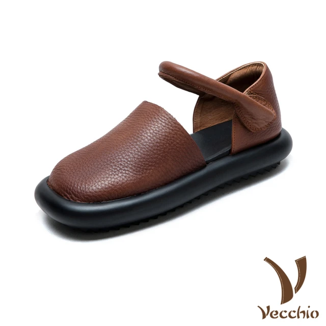 Vecchio 真皮涼鞋 厚底涼鞋/真皮頭層牛皮軟面包頭一字帶舒適厚底涼鞋(棕)