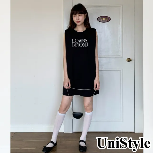 【UniStyle】無袖洋裝 韓版字母印花背心裙  女 EAN013A(黑)