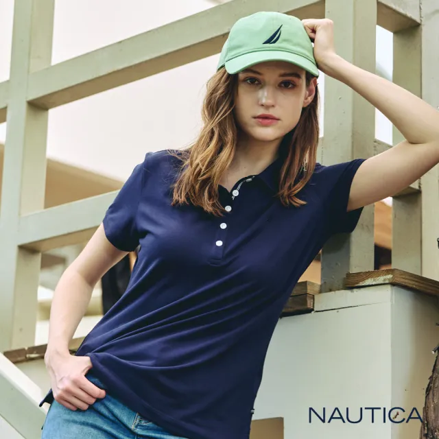 【NAUTICA】女裝 經典帆船刺繡LOGO短袖POLO衫(深藍色)