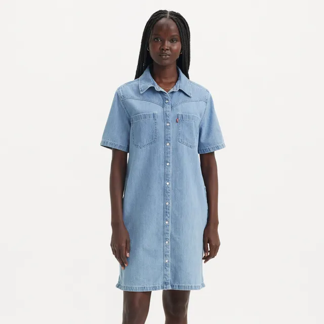 【LEVIS 官方旗艦】女款 襯衫式短袖丹寧牛仔洋裝 人氣新品 A9480-0000