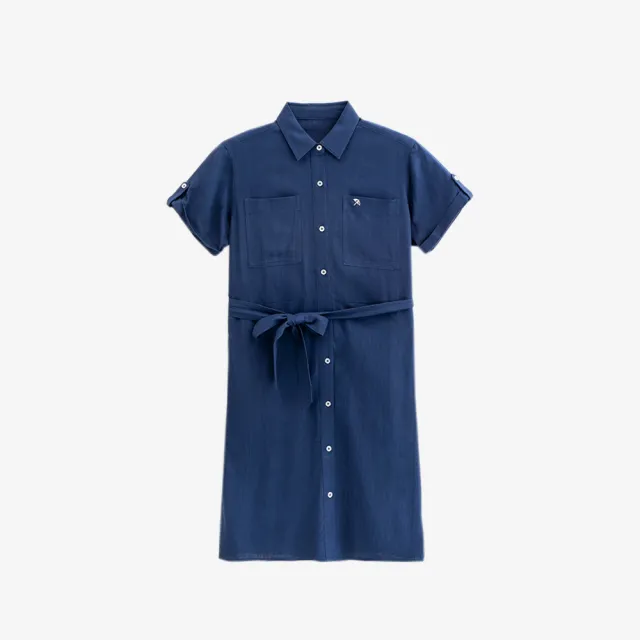 【Arnold Palmer 雨傘】女裝-休閒後鬆緊收腰翻領連身裙(藍色)