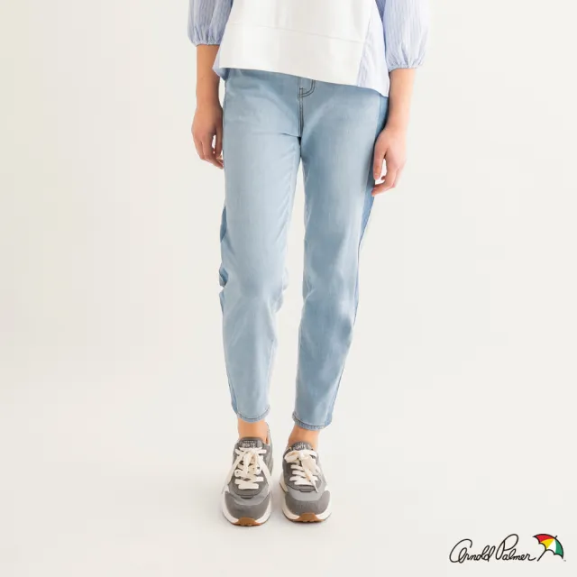 【Arnold Palmer 雨傘】女裝-顯瘦雙色拼接涼感九分牛仔褲(淺藍色)