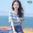 【初色】韓系簡約條紋寬鬆圓領短袖T恤上衣女上衣-淺藍色-35830(M-XL可選)