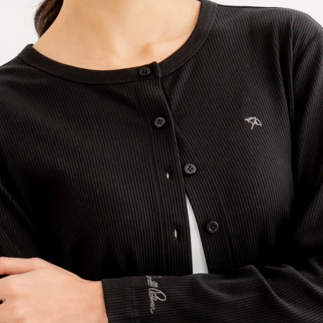 【Arnold Palmer 雨傘】女裝-溫柔圓領坑條羅紋針織外套(黑色)