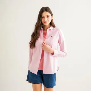 【Arnold Palmer 雨傘】女裝-多彩格紋拼接素面長袖襯衫(粉色)