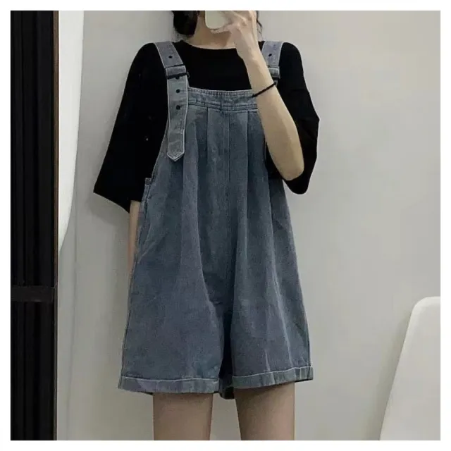 【ASister 小姊姊】*出清品*現貨在庫★牛仔吊帶短褲☆加大尺碼甜夏可調整寬鬆闊腿連身吊帶短褲(2色#AS0075)