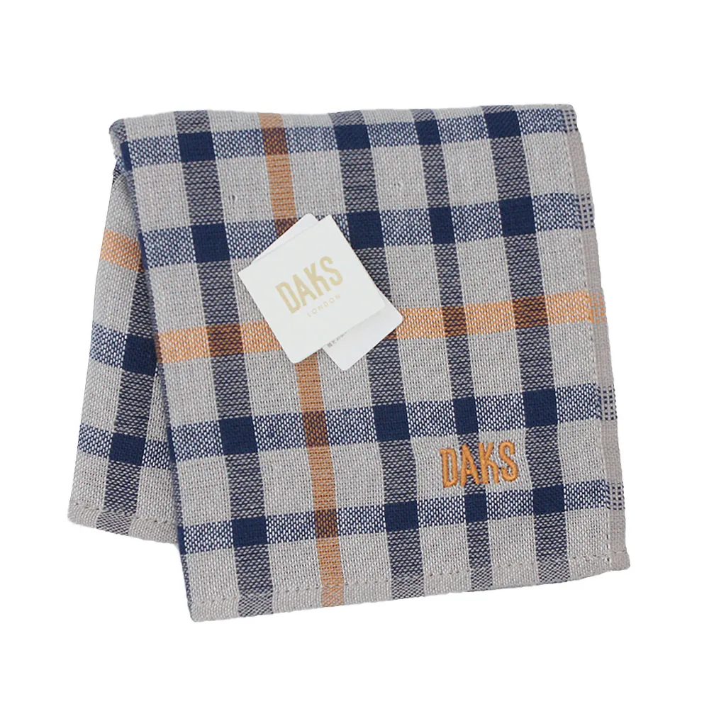 【DAKS】經典LOGO刺繡格紋方巾(橘色/灰藍)