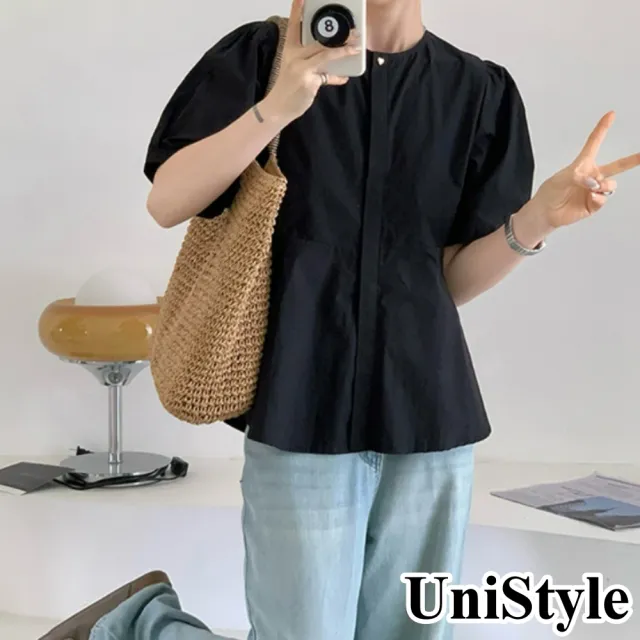 【UniStyle】顯瘦短袖襯衫 韓版愛心小金釦拼接上衣  女 UP17798(黑)