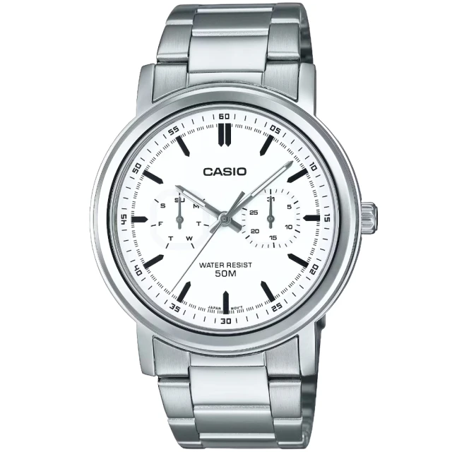 CASIO 卡西歐 卡西歐大錶徑石英鋼帶男錶-白(MTP-E335D-7E 台灣公司貨)