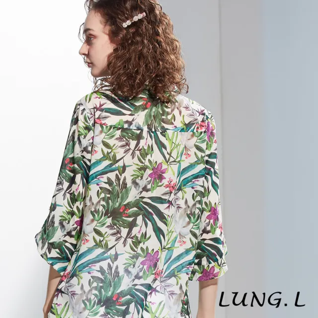 【LUNG.L 林佳樺】LP47A綠色棉質白底印花長版七分袖襯衫(女裝 加大尺碼)