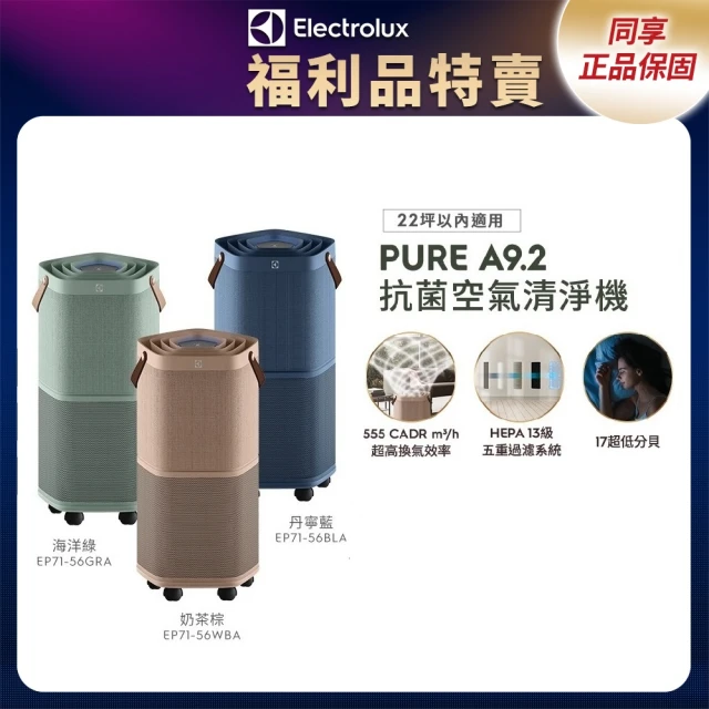 【Electrolux 伊萊克斯】限時限量福利品 Pure A9.2 高效能抗菌空氣清淨機(EP71-56三色任選)