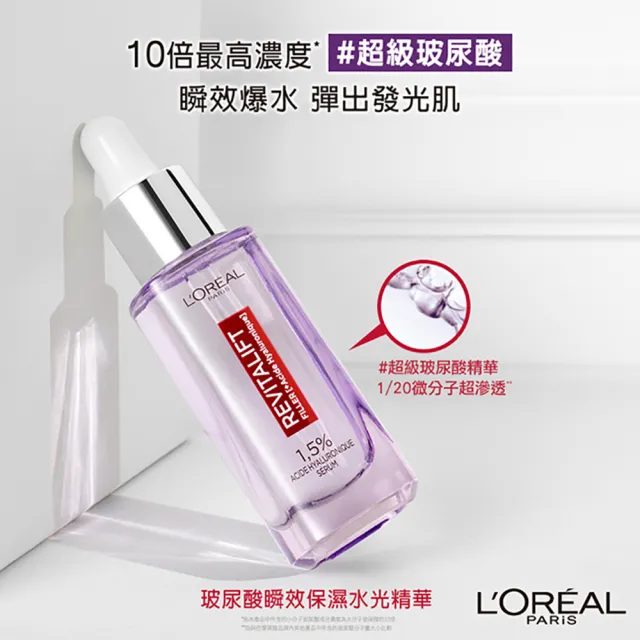 【LOREAL Paris 巴黎萊雅】玻尿酸瞬效保濕水光精華30ml 2入組(#超級玻尿酸精華)