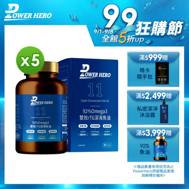 【PowerHero 勁漢英雄】92%Omega3 雙效rTG深海魚油x5盒(120顆/盒、專利3倍去腥味、嚴選深海無毒小魚)