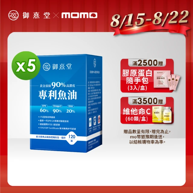 【御熹堂】黃金頂級 90%高濃度專利魚油5入組(一入120顆、醫師推薦、高單位Omega-3、rTG好吸收)