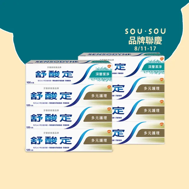 【SENSODYNE 舒酸定】日常防護 長效抗敏牙膏 超值8入(多元護理120gX6入+深層潔淨100gX2入)