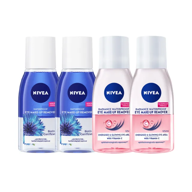 【NIVEA 妮維雅】極淨深層/透亮眼部卸妝液125mlx4入(5秒潔淨藍眼卸/粉眼卸 敏感肌適用)