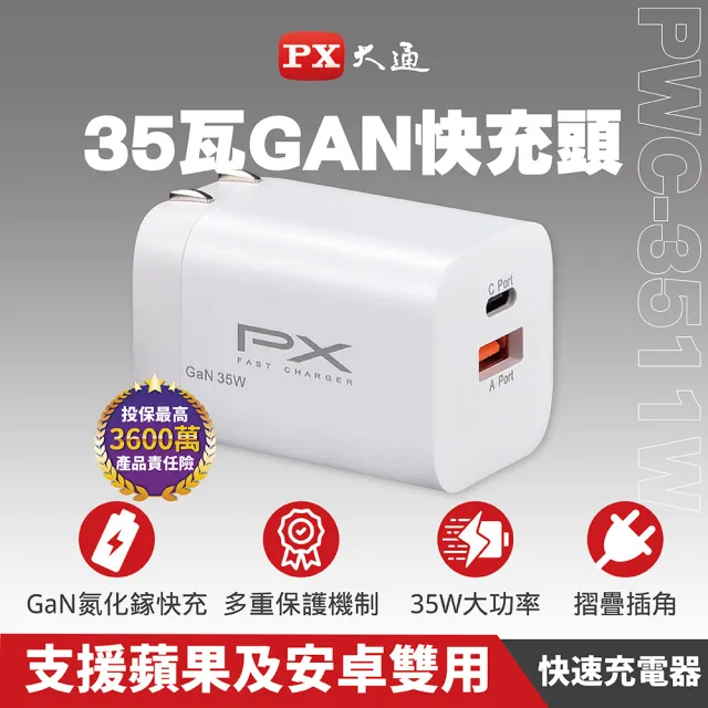 【PX 大通-】2年保固35W瓦氮化鎵GaN充電器快充Type C PD筆電平板手機 USB 2孔 充電頭Iphone蘋果(PWC-3511W)