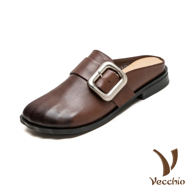 Vecchio 真皮拖鞋 低跟拖鞋 包頭拖鞋/全真皮頭層牛皮復古寬楦皮帶釦飾低跟包頭拖鞋(棕)