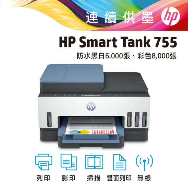 【HP 惠普】Smart Tank 755 三合一Wifi連續供墨複合機(列印/雙面列印/影印/掃描/無線/連續掃描) (28B72A)