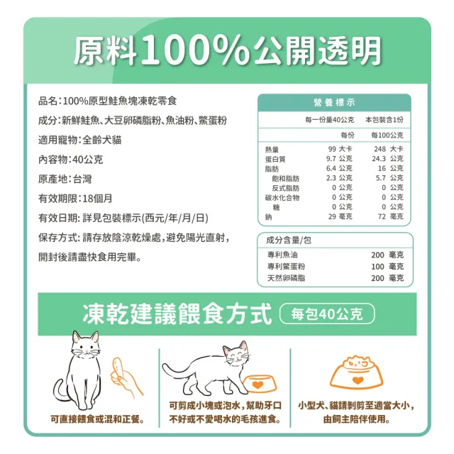 【毛孩時代】100%原型鮭魚塊凍乾零食40gx2包(爆毛護膚/犬貓凍乾/犬貓零食/貓咪凍乾/貓咪零食)