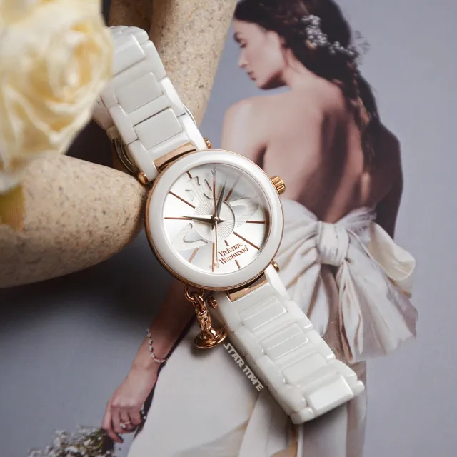 【Vivienne Westwood】典雅純白 玫瑰金框 經典大LOGO錶盤 陶瓷錶帶 小裝飾設計 女錶 32mm(VV067RSWH)