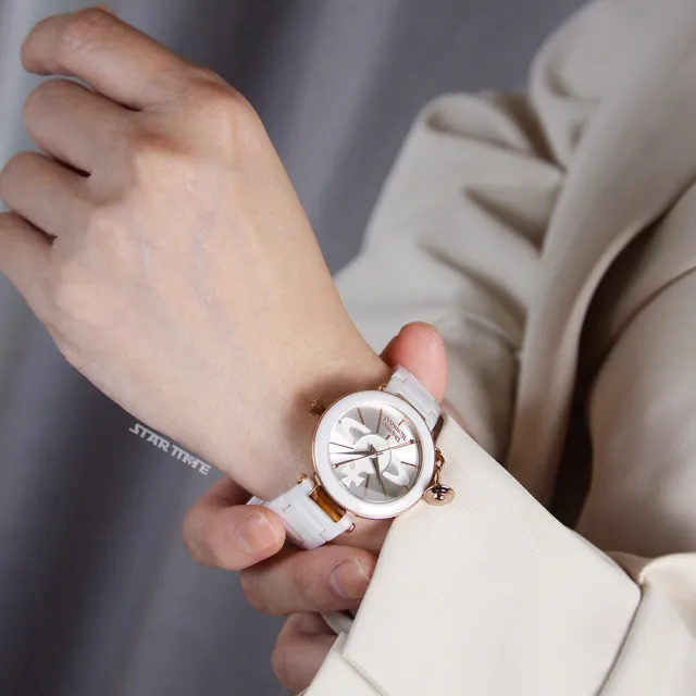 【Vivienne Westwood】典雅純白 玫瑰金框 經典大LOGO錶盤 陶瓷錶帶 小裝飾設計 女錶 32mm(VV067RSWH)