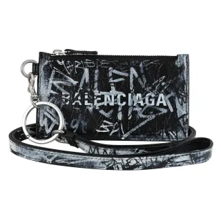 【Balenciaga 巴黎世家】品牌LOGO英文塗鴉小羊皮斜背頸掛牛皮信用卡證件零錢包(黑)