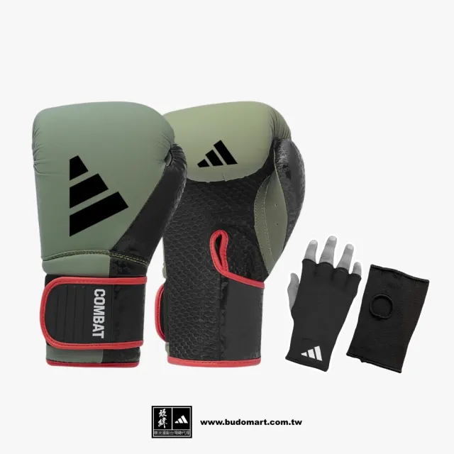 【adidas 愛迪達】Combat 50 綠黑拳擊手套+快速手綁帶超值組合(拳擊 泰拳 格鬥 搏擊 拳套 健身 有氧)