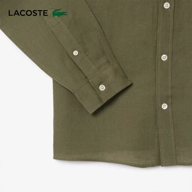 【LACOSTE】男裝-素色亞麻長袖襯衫(坦克綠)