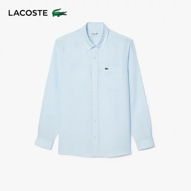 【LACOSTE】男裝-素色亞麻長袖襯衫(淺藍色)