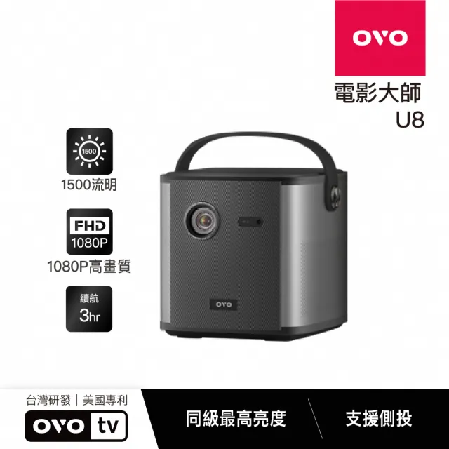 【OVO】1080P便攜智慧投影機 送包包(U8 1500流明 內建電池 娛樂/露營/戶外/商用)