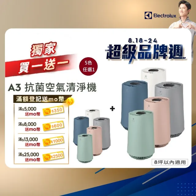 買一送一【Electrolux 伊萊克斯】Flow A3 Air 抗菌空氣清淨機-五色任選(8坪適用FA31-202)