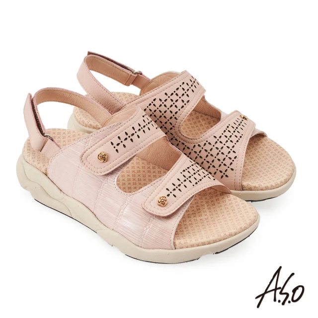 A.S.O 阿瘦集團 A.S.O全能舒壓系列真皮拼接沖孔裝飾涼拖鞋(粉紅)