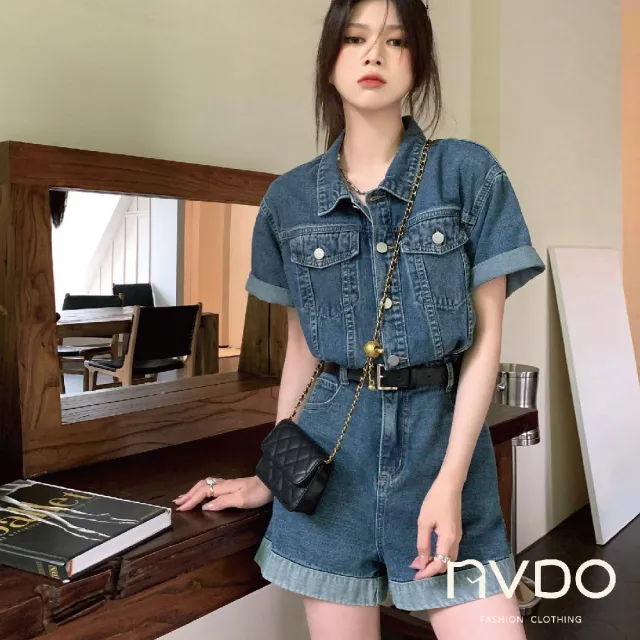 【NVDO】出清品   個性捲邊工裝連身牛仔褲(45-65KG可穿/牛仔褲/短褲/F188/售完不補)