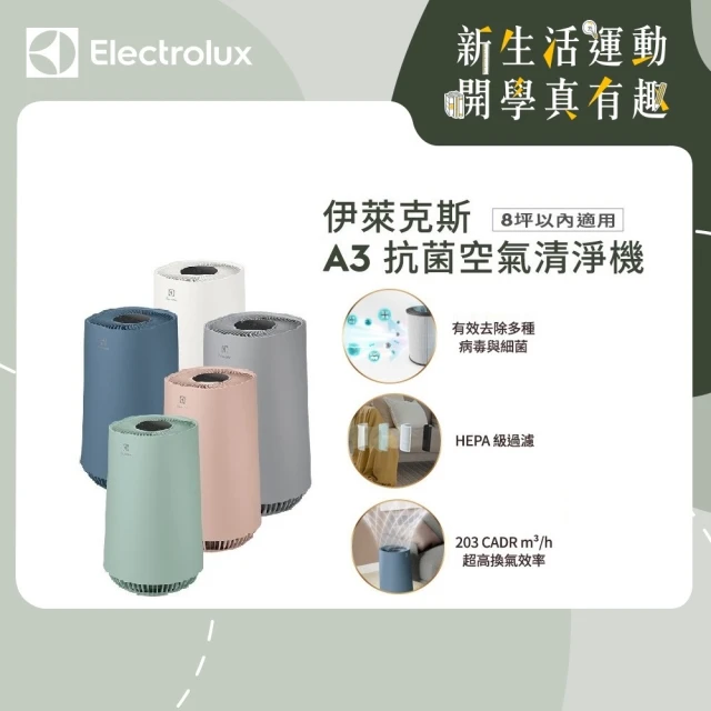 【Electrolux 伊萊克斯】A3抗菌空氣清淨機 FA31-202WT 202BL 202GN 202PK 202GY(8坪適用/5色任選)