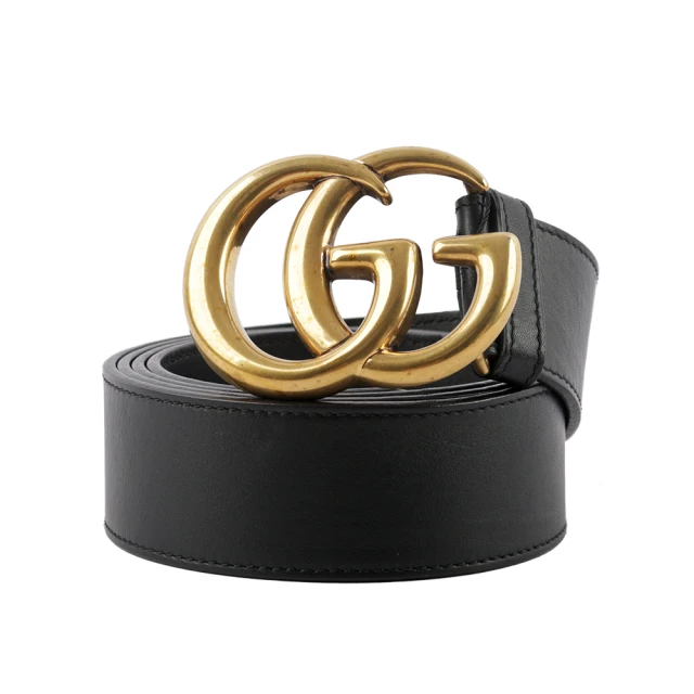 GUCCI 古馳 大雙G霧金logo牛皮4CM寬皮帶_展示品(黑色)