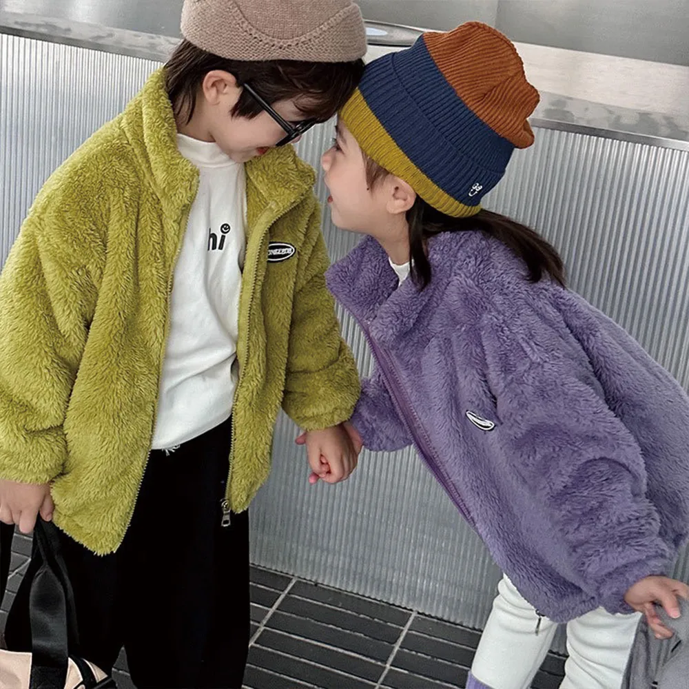 【MANI 瑪尼】兒童秋冬法蘭絨立領外套(兒童冬季保暖外套 絨毛外套 素色毛毛外套)